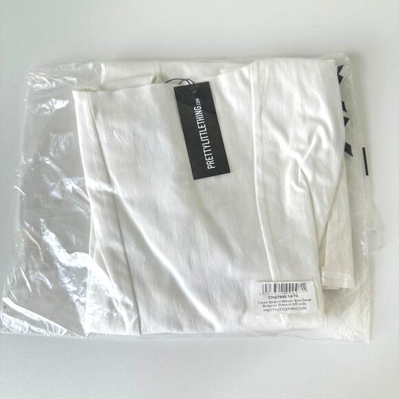 NWT PrettyLittleThing Cream Stretch Woven Bow Detail Bodycon Dress Size 4 - Picture 5 of 11